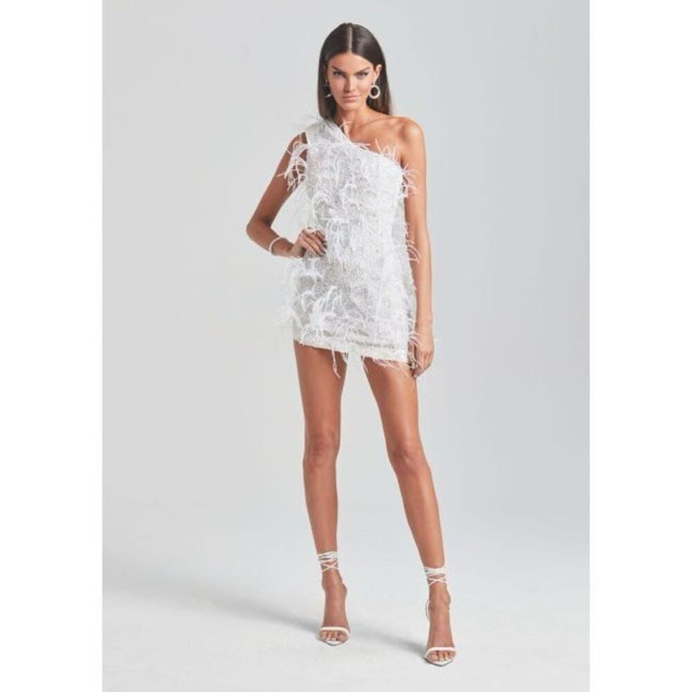 Retrofete One Shoulder Sina Ostrich Feather Bodycon Mini Dress White Small $895